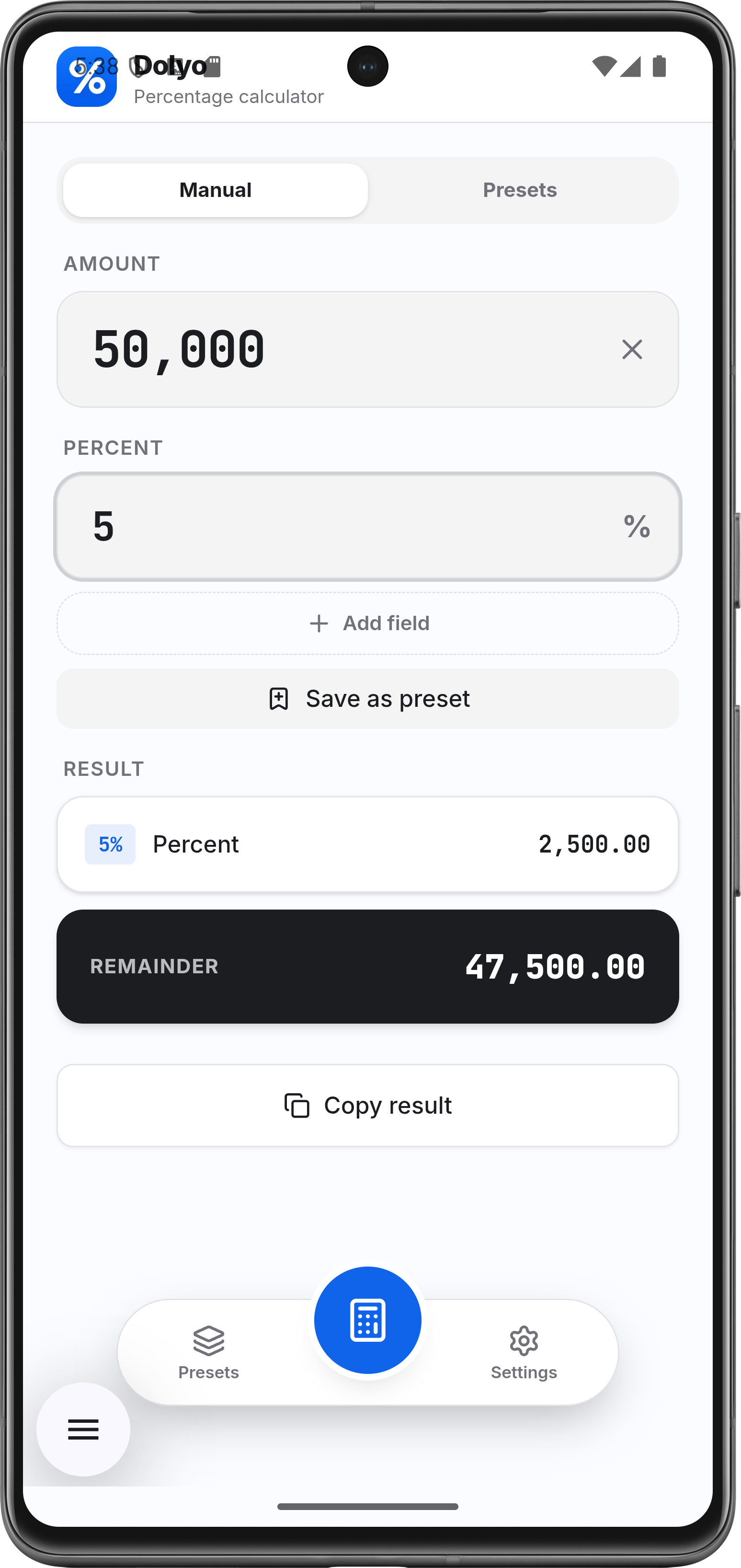 Dolyo — екран калькулятора з розбивкою суми